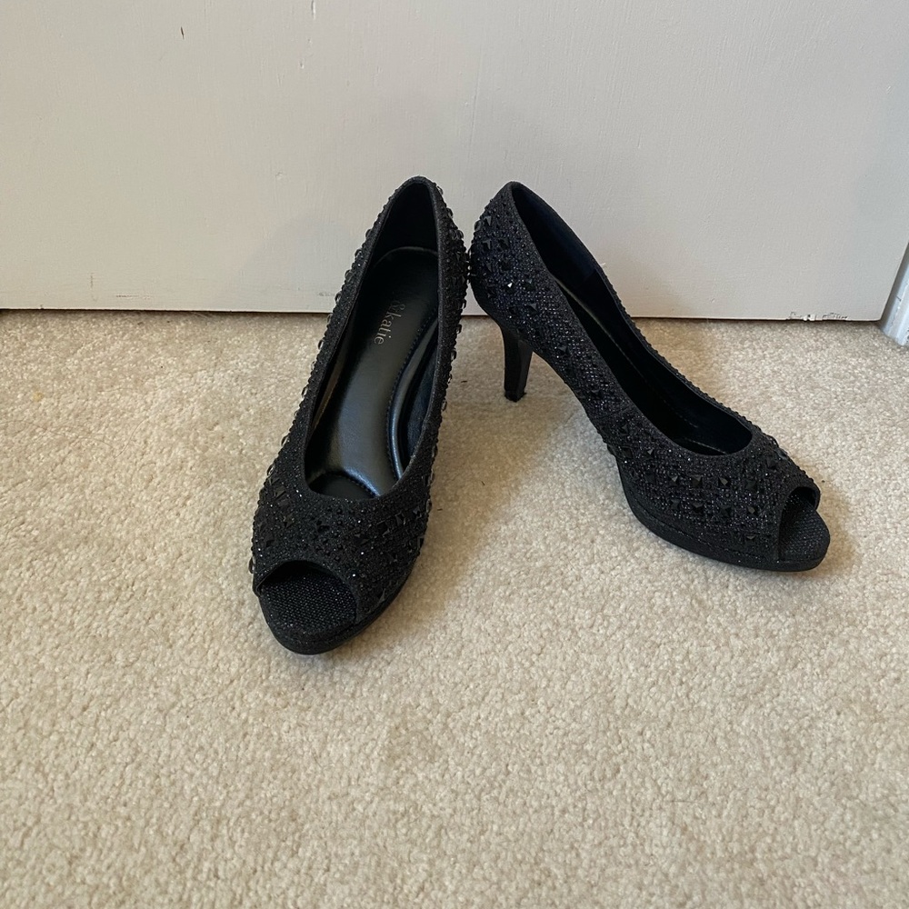 Kelly & Katie Black Beaded Peep-Toe Heels